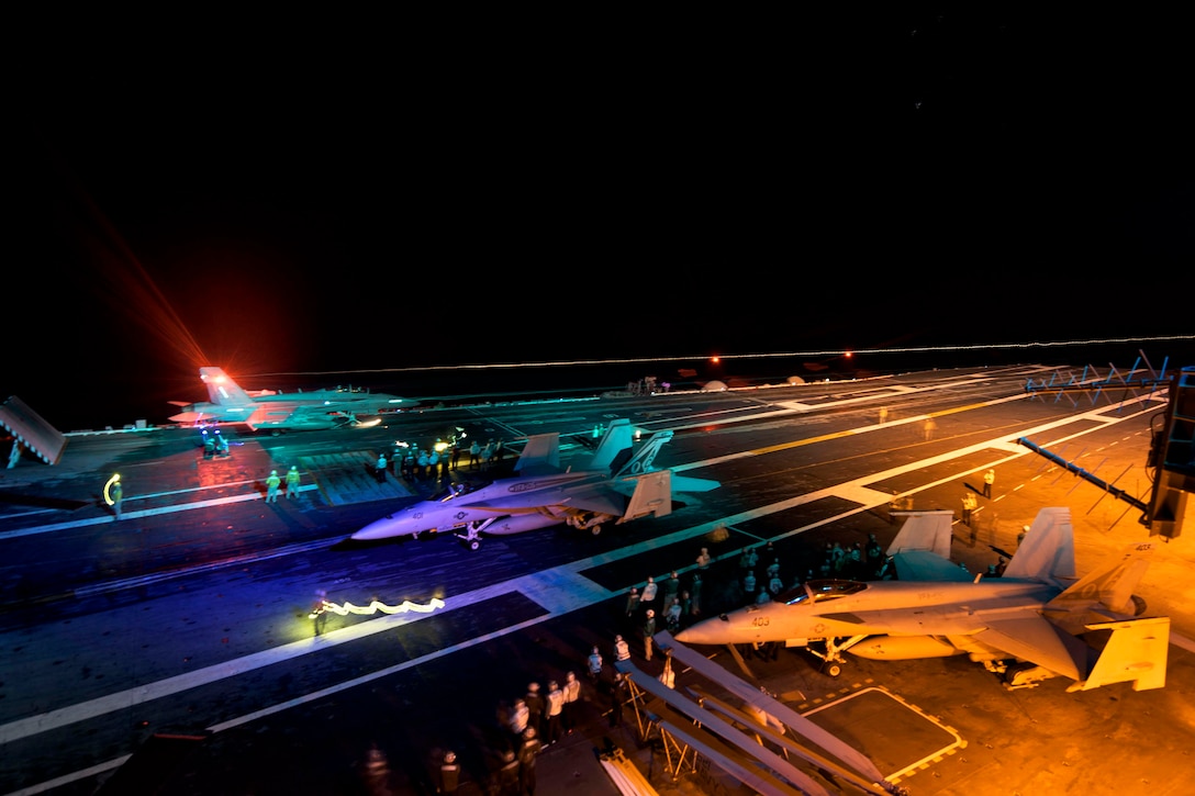 A F/A-18E Super Hornet launches from the flight deck of the aircraft carrier USS Dwight D. Eisenhower in the Atlantic Ocean, Sept. 6, 2015. The carrier is conducting flight deck certifications. The Hornet is assigned to Strike Fighter Squadron 86. U.S. Navy photo by Petty Officer 3rd Class J. Alexander Delgado