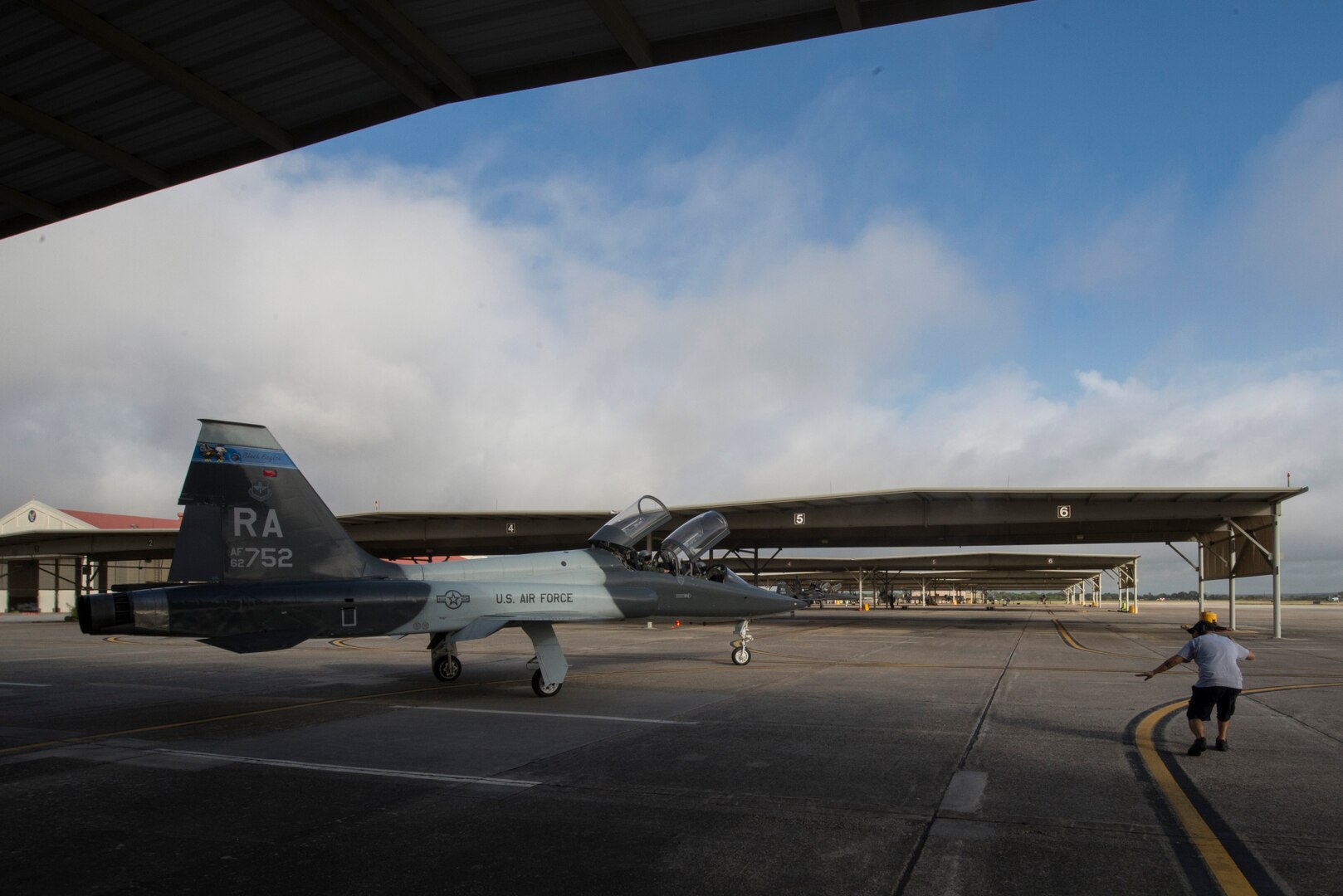 Miguel Martinez, 28th Maintenance Squadron aircraft mechanic, launches a T-38C Talon Sept. 3, 2015, at Joint Base San Antonio-Randolph. The 28th MXS launches an average of 30 aircraft every day.