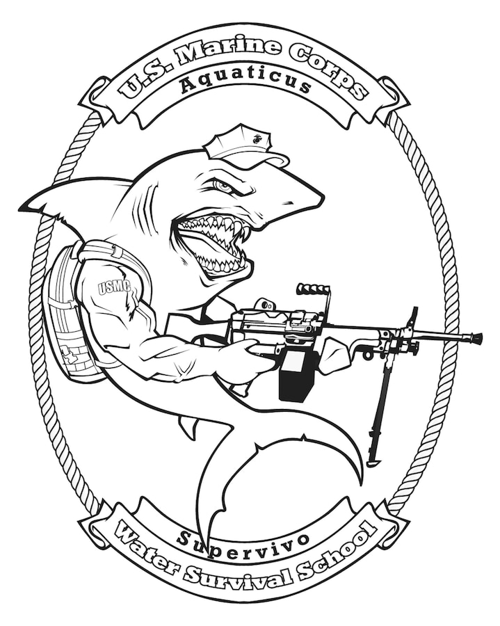 Logo image for USMC Water Survival School to accompany article about training maneuvers performed by the unit