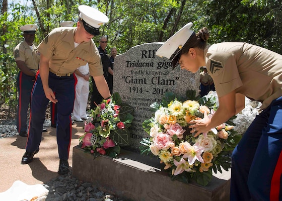 U.S. Marine Corps Cpl. Clarissa Verastegui and Cpl. Jordy Reyna place wreaths at the unveiling of a giant clam conservation awareness display Sept. 7 at the Territory Wildlife Park, Berry Springs, Northern Territory, Australia. Marines and sailors with Marine Rotational Force – Darwin volunteered since the beginning of their six-month rotation in Australia to contribute to the park as part of their involvement with the local community. Beyond purely military training, Marines’ participation in engagements throughout the Northern Territory shows their appreciation for Australia’s welcome. Verastegui is a warehouse clerk with Combat Logistics Detachment – 1, MRF-D, and a native of Laredo, Texas. Reyna is a flight equipment technician with Marine Heavy Helicopter Squadron 463, MRF-D and a native of Humble, Texas. 