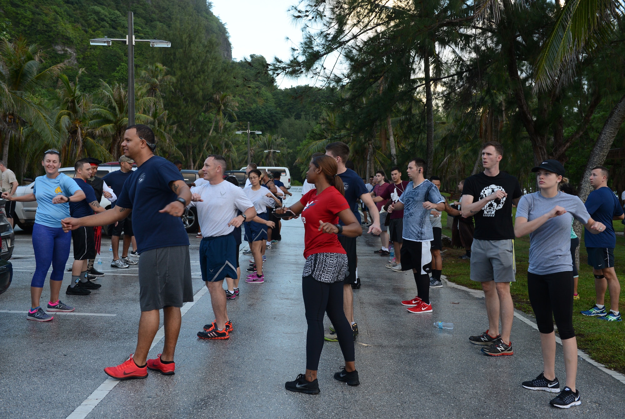Attendees at the Pirate 5K stretch Sept. 9, 2015, at Tarague Beach on Andersen Air Force Base, Guam. The runners participated in the pirate themed 5K organized by the 36th Force Support Squadron. (U.S. Air Force photo by Airman 1st Class Arielle Vasquez/Released)