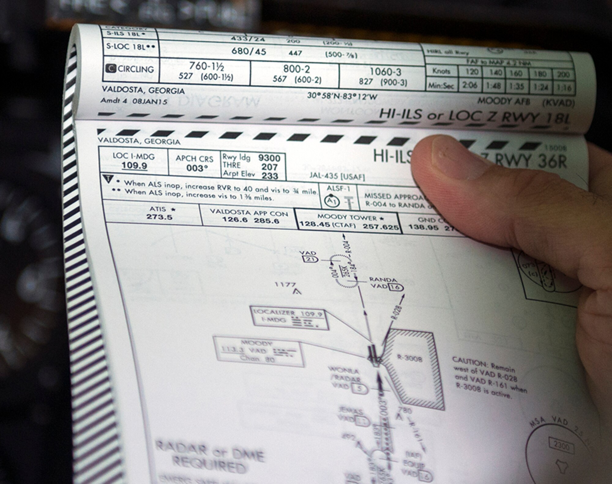 An A-10C Thunderbolt II pilot looks over an instrument approach plate book during training in an A-10 Full Mission Trainer simulator Sept. 2, 2015, at Moody Air Force Base, Ga. Air Combat Command requires A-10 pilots to perform nine sorties and three simulator trainings a month. (U.S. Air Force photo by Airman 1st Class Greg Nash/Released)