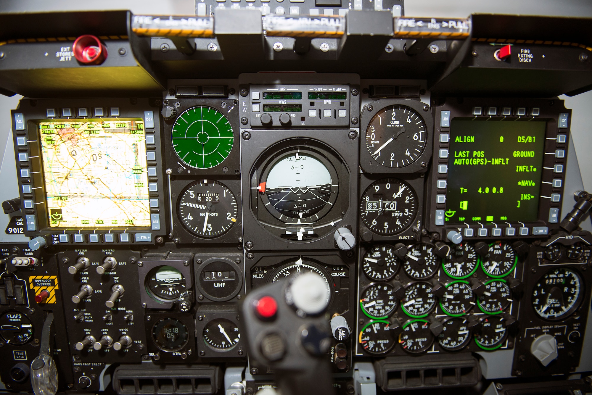 An A-10C Thunderbolt II Full Mission Trainer cockpit is displayed before training Sept. 2, 2015, at Moody Air Force Base, Ga. The FMT simulator mimics and functions just like an actual A-10 aircraft with the exceptions of actually flying and burning gas. (U.S. Air Force photo by Airman 1st Class Greg Nash/Released)