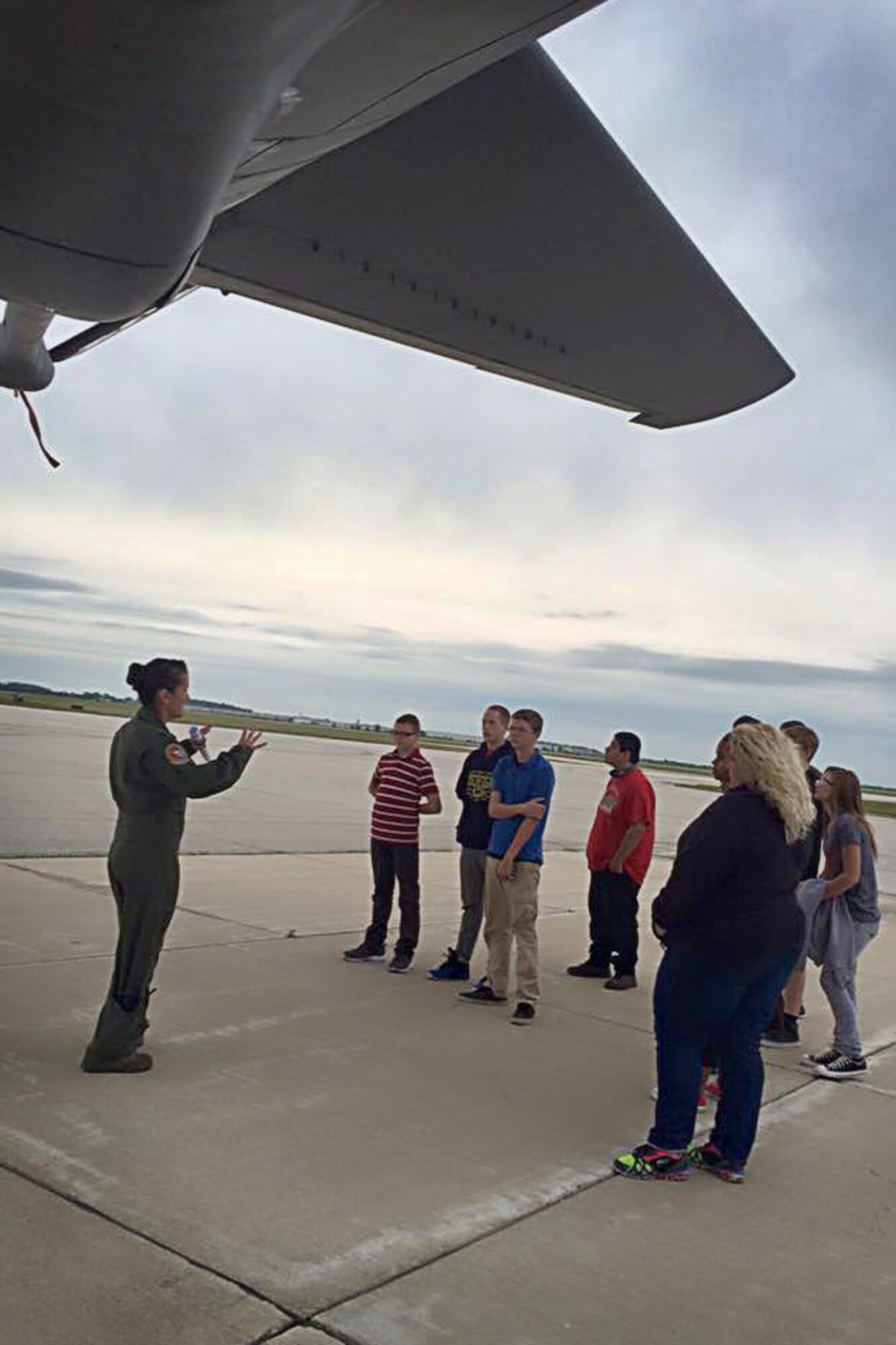 Lt. Col. Shelby Basler, 74th Air Refueling Squadron pilot, briefs cadets on the exterior features of the KC-135R Stratotanker on the Grissom Air Reserve Base, Ind., Sept. 9, 2015. Students from Anderson High School, Anderson, Ind., visited the base to learn more about the Air Force mission. (U.S. Air Force photo/Tech. Sgt. Douglas Hays)