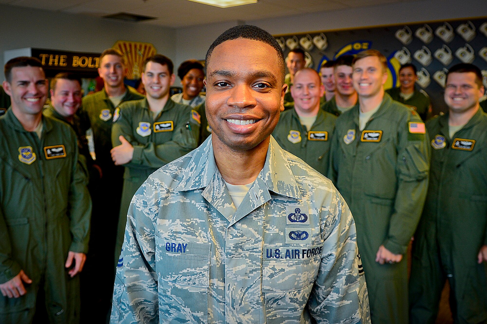 Master Sgt. Patrick Gray, 91st Air Refueling Squadron NCO in charge of aviation resource management, stands with the Airmen of the 91st ARS at MacDill Air Force Base, Fla., Sept. 3, 2015. Gray is one of 12 Airmen selected as this year’s Airlift/Tanker Association Young Leader award winners. (U.S. Air Force photo by Senior Airman Ned T. Johnston/Released)