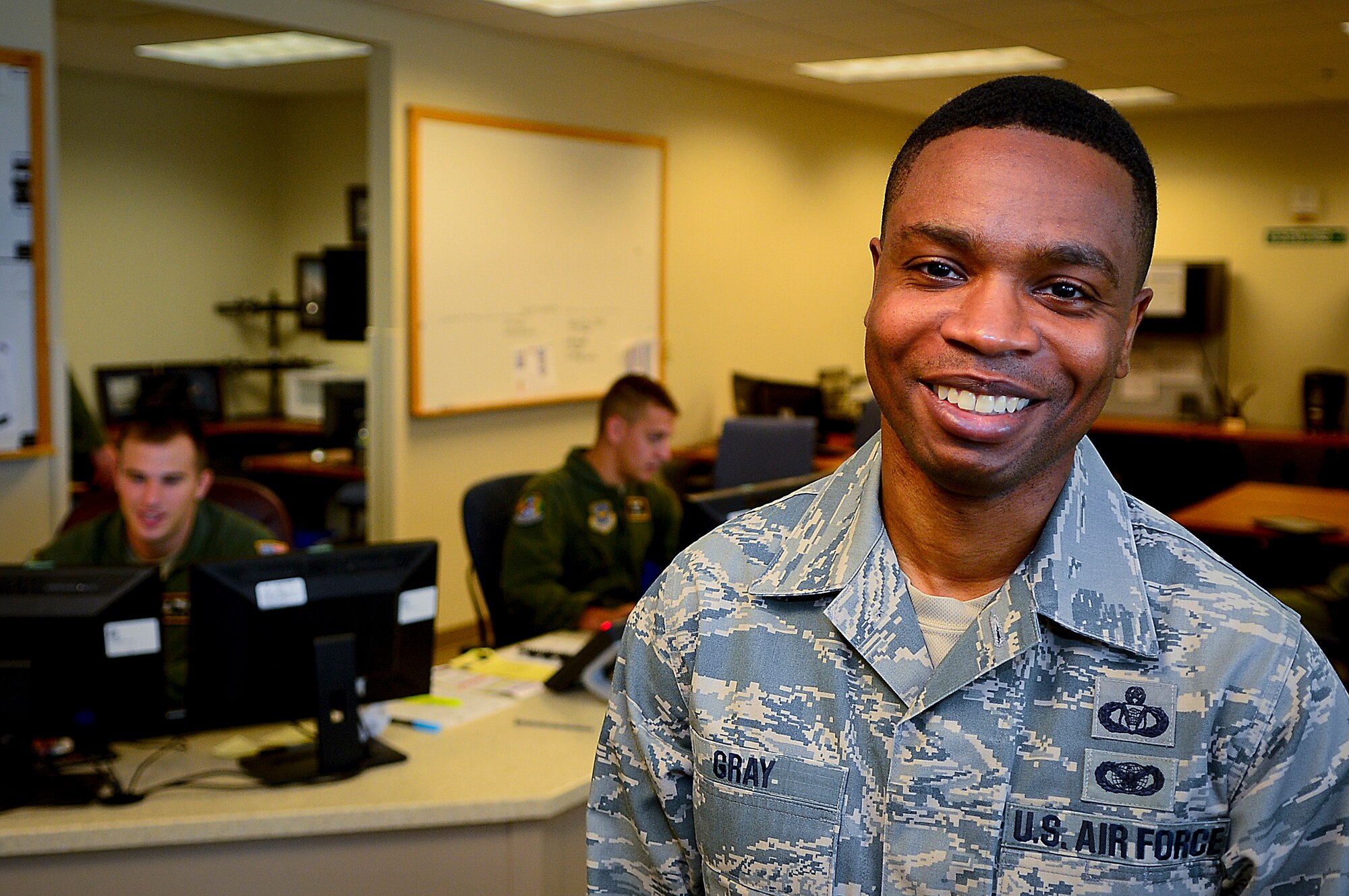 Master Sgt. Patrick Gray, 91st Air Refueling Squadron NCO in charge of aviation resource management, stands in his work section before his Airmen at MacDill Air Force Base, Fla., Sept. 3, 2015. Gray is one of 12 Airmen selected as this year’s Airlift/Tanker Association Young Leader award winners. (U.S. Air Force photo by Senior Airman Ned T. Johnston/Released)