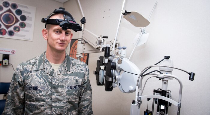 Tech. Sgt. Wesley Catoe, 628th Medical Group optometry NCOIC poses for a photo Sep. 9, 2015, at the optometry office on Joint Base Charleston, S.C. The optometry clinic provides services such as eye examinations, visual acuity checks, repairing glasses, color vision tests and comprehensive exams. To set up an appointment, call the Air Base optometry clinic at 963-6880. (U.S. Air Force photo/Airman 1st Class Clayton Cupit)