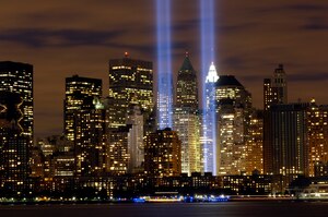 The Tribute in Light memorial is in remembrance of the events of Sept. 11, 2001, in honor of the citizens who lost their lives in the World Trade Center attacks. The two towers of light are composed of two banks of high wattage spotlights that point straight up from a lot next to Ground Zero. The Tribute in Light memorial was first held in March 2002. This photo was taken from Liberty State Park, New Jersey on Sept. 11, 2006, the five year anniversary of 9/11. (U.S. Air Force photo by Denise Gould)
