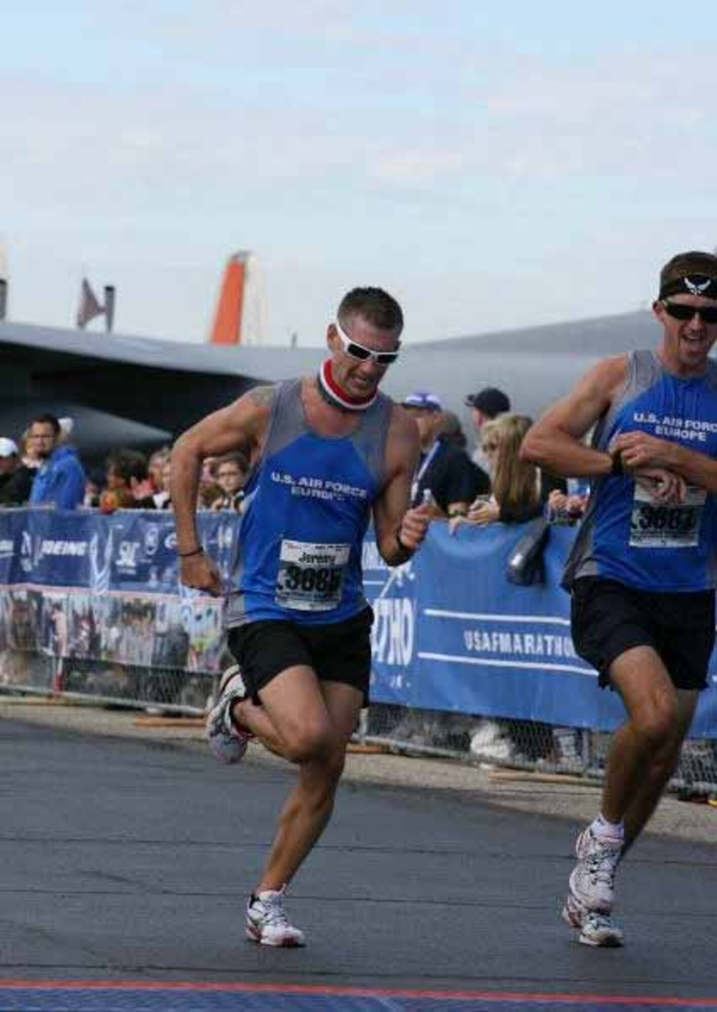Staff Sgt. Jeremy Duddles, 39th Air Base Wing command chief executive assistant, crosses the finish line of the 2014 Air Force Marathon Sept. 20, 2014, at Wright-Patterson Air Force Base, Ohio. The race on Sept. 19, 2015 will be Duddles fourth time he runs the Air Force marathon with the U.S. Forces in Europe Air Forces Africa Air Force Marathon team. (Courtesy photo)