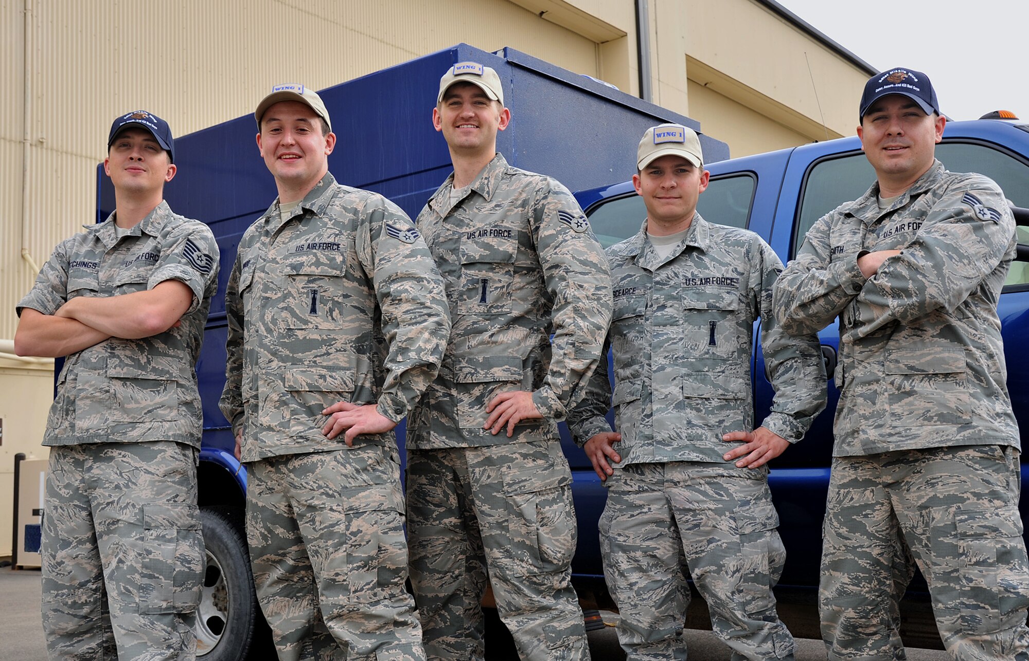The 341st Maintenance Group’s Global Strike Challenge 2015 Electromechanical Team poses near a maintenance vehicle Sept. 2, 2015, at Malmstrom Air Force Base, Mont. Pictured from left to right are Tech. Sgt. Alexander Hutchings, team trainer; Senior Airman Joshua Wood, team member; Senior Airman Cameron Thoms, team chief; Airman 1st Class Nathaniel Scearce, alternate team member; and Senior Airman Ryan Smith, team trainer. The team competed Sept. 8-11 at Malmstrom. (U.S. Air Force photo/John Turner)