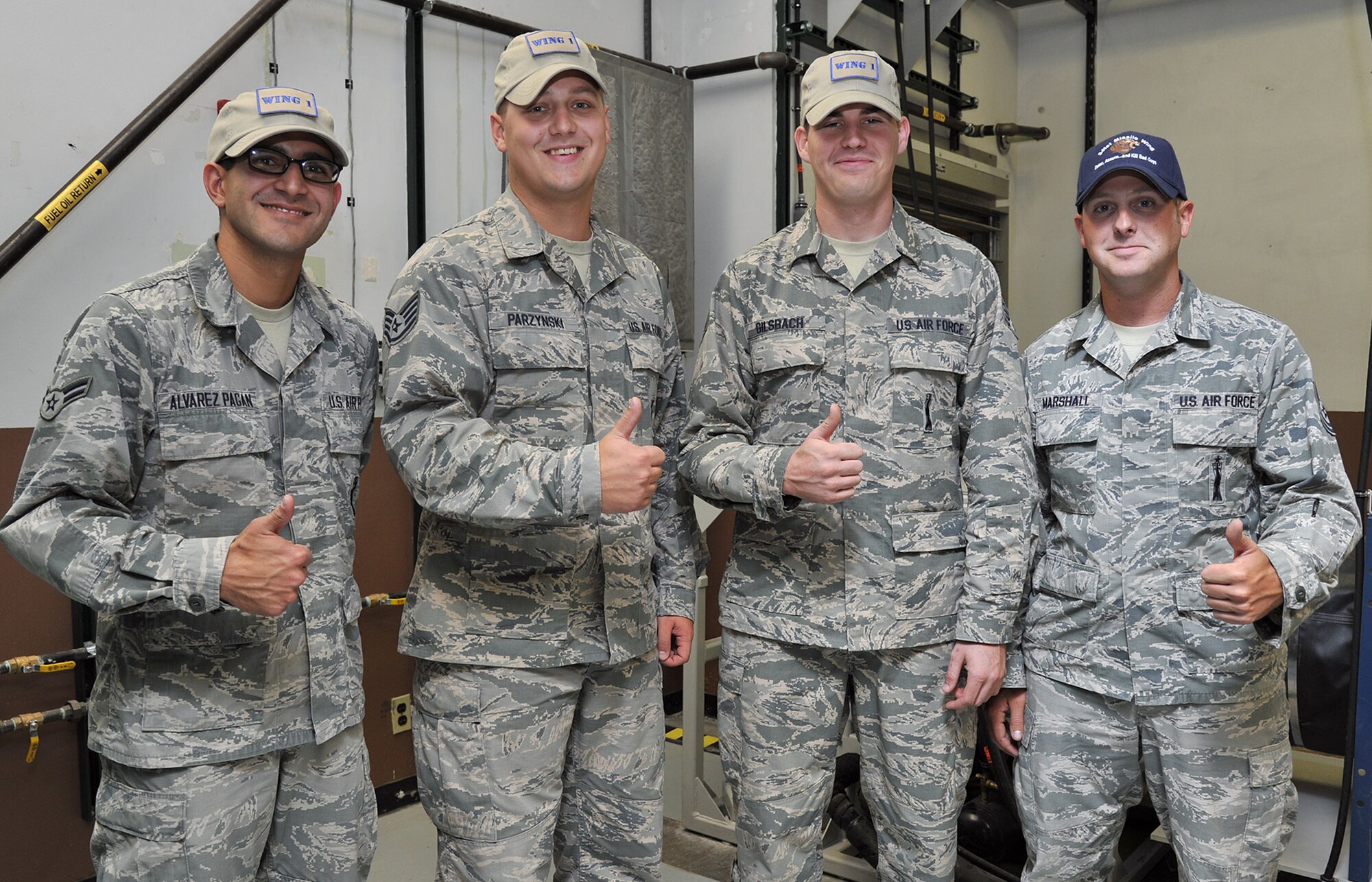 The 341st Maintenance Group’s Global Strike Challenge 2015 Facilities Maintenance Team poses during training Sept. 2, 2015, at Malmstrom Air Force Base, Mont. Pictured from left to right are Airman 1st Class Erick Alvarez-Pagan, alternate team member; Staff Sgt. Paul Parzynski, team member; Senior Airman Robert Gilsbach, team chief; and Tech. Sgt. Michael Marshall, team trainer. Not pictured is Staff Sgt. Kyle Namen, team trainer. The team competed Sept. 8-11 at Malmstrom. (U.S. Air Force photo/John Turner)