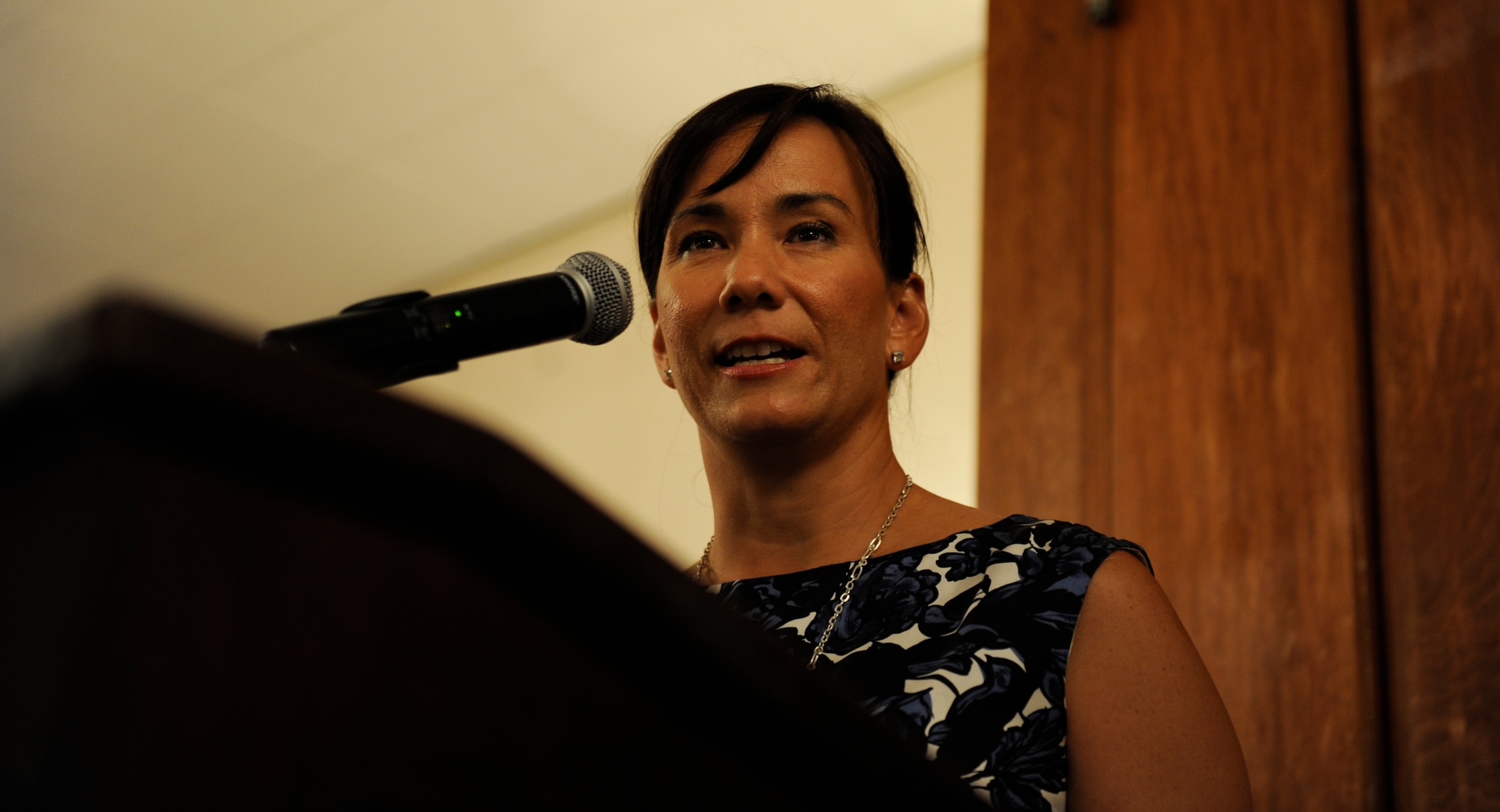 U.S. Air Force Col. Debra Lovette speaks during the 2015 Kadena Language Institute farewell dinner Sept. 3 on Kadena Air Base, Japan. Lovette saw the interns on their first day and has seen a vast improvement in their self-confidence since their time in the program. (U.S. Air Force photo by Airman 1st Class Lynette M. Rolen)