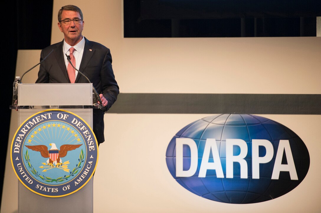 Defense Secretary Ash Carter speaks at the Defense Advanced Research Projects Agency’s “Wait, What?" future technology forum in St. Louis, Mo., Sept. 9, 2015. DoD photo by U.S. Air Force Senior Master Sgt. Adrian Cadiz