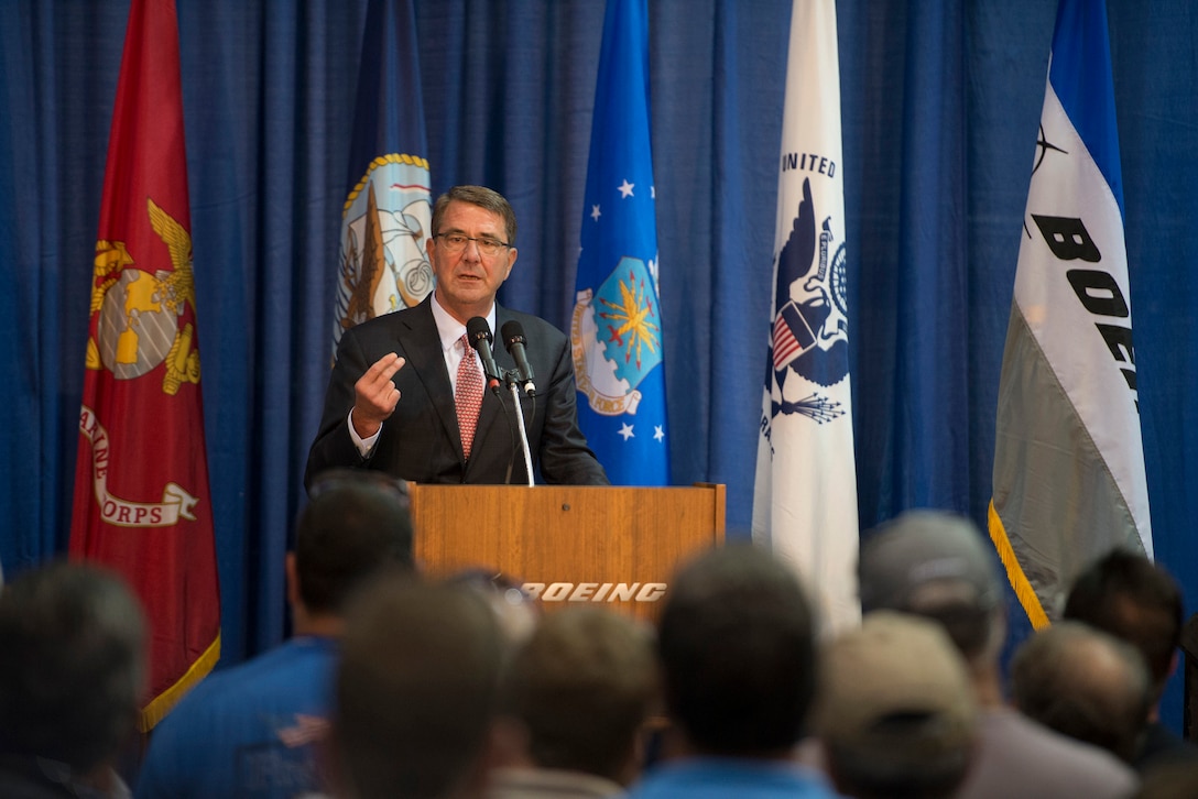 Defense Secretary Ash Carter speaks to workers at the Boeing facility in St. Louis Mo., during a visit Sept. 9, 2015. Carter thanked them for their contributions to advance America's technological edge. Secretary Carter also attended the Defense Advanced Research Projects Agency’s “Wait, What?" future technology forum. DoD photo by U.S. Air Force Senior Master Sgt. Adrian Cadiz