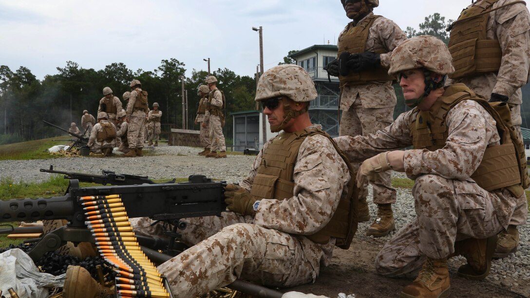 Lt. Col. Jeremy S. Winters, left, and Gunnery Sgt. Clifford Bowen fire a Browning M2 .50-caliber machine gun during a weapons familiarization range at Marine Corps Base Camp Lejeune, North Carolina, Aug. 27, 2015. Winters joined his troops through the rains for a live weapons range with the M240B machinegun, Browning M2 .50-caliber machine gun and the M1014 combat shotgun. Marines from various military job occupations received hands-on experience that allows them to improve crucial skills and become well-rounded war fighters. Winters is the commanding officer of Marine Air Support Squadron 1 and Bowen is the squadrons operations chief. 