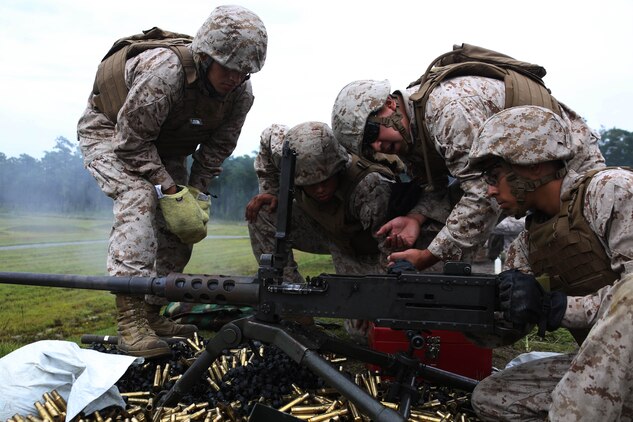Marines conduct a barrel change for a Browning M2 .50-caliber machine gun during a weapons familiarization range at Marine Corps Base Camp Lejeune, North Carolina, Aug. 27, 2015. More than 100 Marines from Marine Air Support Squadron 1 honed their weapons skills with the M240B machinegun, Browning M2 .50-caliber machine gun and the M1014 combat shotgun. Marines from various military job occupations received hands-on experience that allows them to improve crucial skills and become well-rounded war fighters.