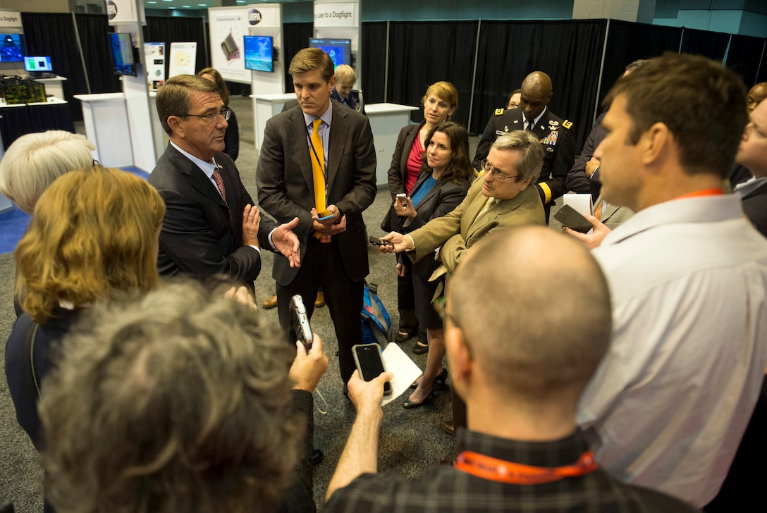 Defense Secretary Ash Carter speaks with reporters at the Defense Advanced Research Projects Agency’s “Wait, What?" future technology forum at the America's Convention Center Complex in St. Louis, Mo., Sept. 9, 2015. DoD photo by U.S. Air Force Senior Master Sgt. Adrian Cadiz