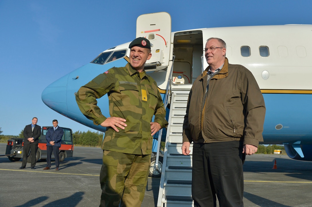 U.S. Deputy Defense Secretary Bob Work and Norwegian Brigadier Gen. Bjarne Nermo talk as he arrives in Trondheim, Norway, Sept. 9, 2015. Work is on a weeklong trip to northern Europe to discuss security issues with senior defense leaders, visit military facilities and meet with troops. DoD photo by Glenn Fawcett 