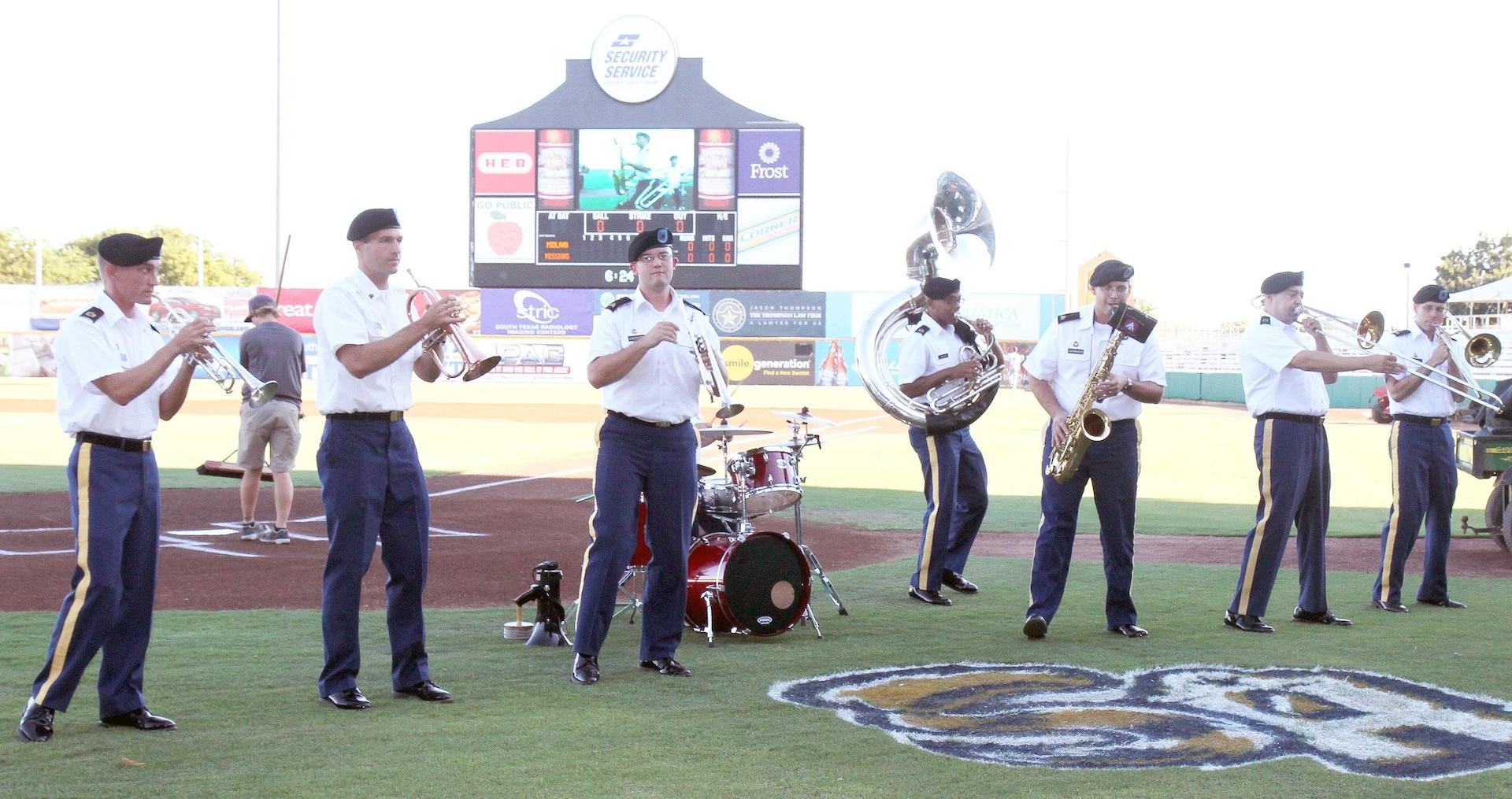 Musicians from the 323rd Army Band “Fort Sam’s Own” entertain San Antonio Missions baseball fans prior to the team’s Military Appreciation Night game at Nelson Wolff Stadium in San Antonio Sept. 2. 