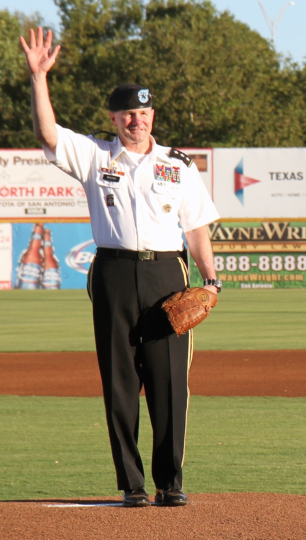 Lt. Gen. Perry Wiggins waves to San Antonio Missions fans prior to throwing out the first pitch at the team’s Military Appreciation Night against the Midland Rockhounds Sept. 2. Wiggins is the commanding general of U.S. Army North (Fifth Army) and senior Army commander of Fort Sam Houston and Camp Bullis. San Antonio defeated Midland, 11-1, in the game.