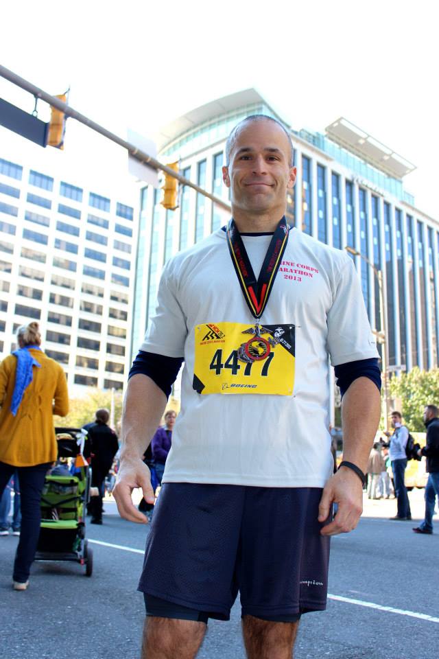 Gunnery Sgt. Eugene R. Bryant poses for a photo after completing the Marine Corps Marathon in Washington D.C. on October 27, 2013. Bryant received a spot in the marathon through the organization Always Brothers which honors Capt. Tyler B. Swisher who died on October 21, 2005 when his vehicle was struck by an Improvised Explosive Device near Al Amariyah, Iraq (Courtesy Photo).