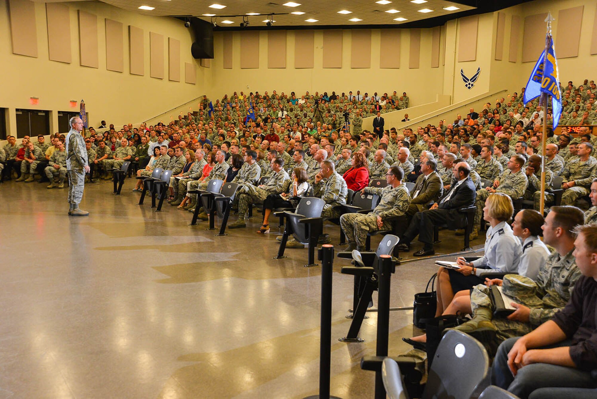 Air Force Chief of Staff Gen. Mark A. Welsh III addresses members of the 24th and 25th Air Forces at the Pfingston Basic Military Training Center on Joint Base San Antonio-Lackland, Texas, Aug 26, 2015. Welsh praised their work in the cyber, and intelligence, surveillance and reconnaissance domains. (Courtesy photo)
