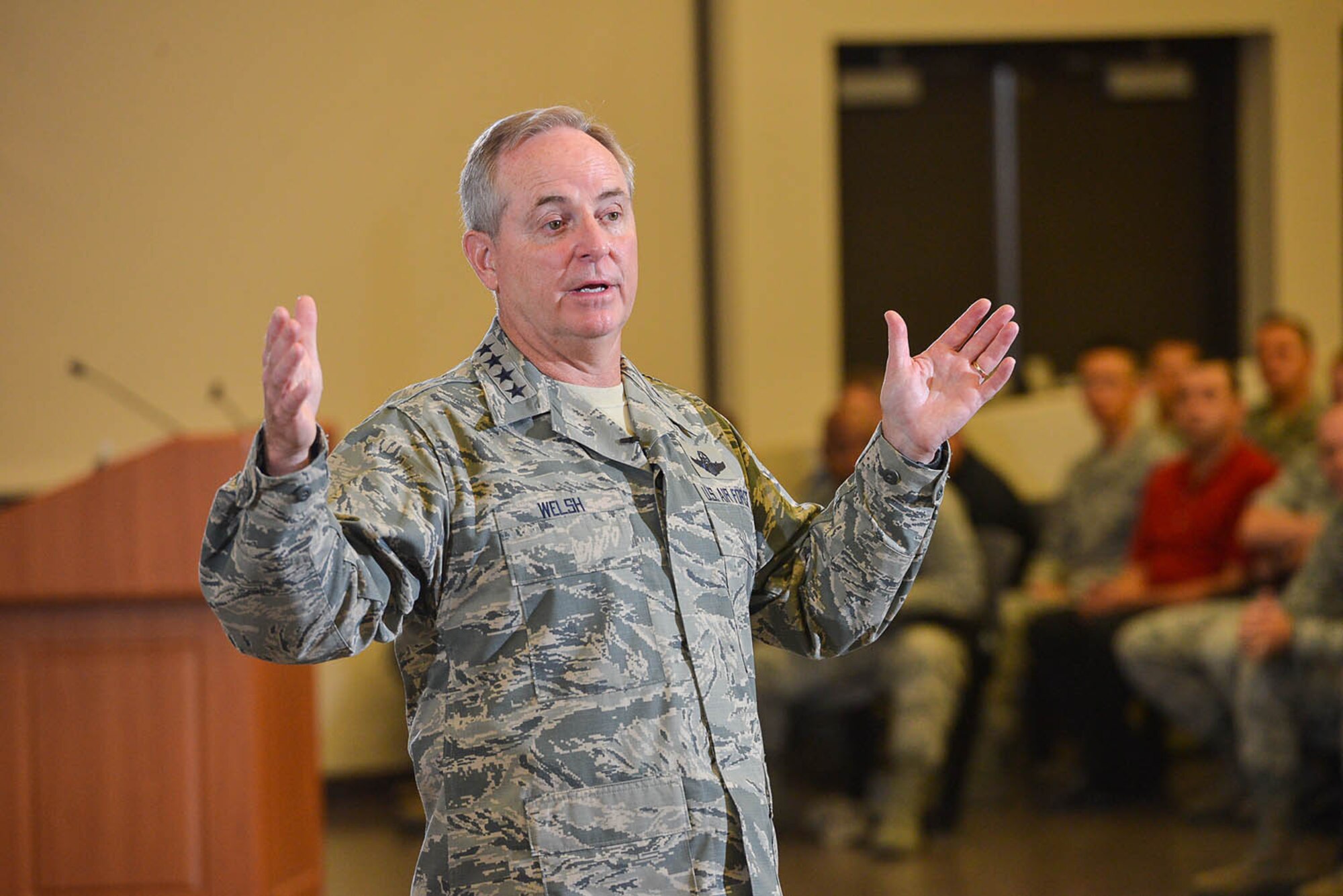 Air Force Chief of Staff Gen. Mark A. Welsh III addresses members of the 24th and 25th Air Forces at the Pfingston Basic Military Training Center on Joint Base San Antonio-Lackland, Texas, Aug. 26, 2015. Welsh praised their work in the cyber, and intelligence, surveillance and reconnaissance domains. (Courtesy photo)