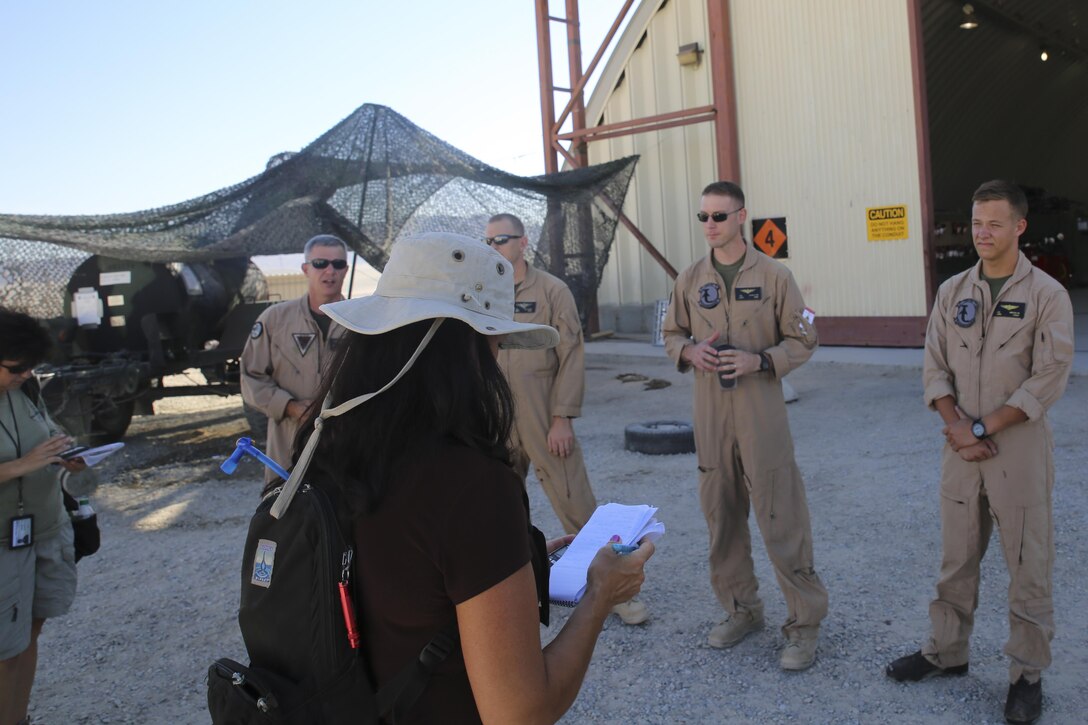 Marines with Marine Aircraft Group 29 speak to reporters who came to learn about Large Scale Exercise 15 at Marine Corps Air Ground Combat Center Twentynine Palms, Calif., Aug. 16, 2015. LSE-15 is a combined U.S. Marine Corps, Canadian Band British Exercise conducted at the brigade level, designed to enable live, virtual and constructive training for participating forces.