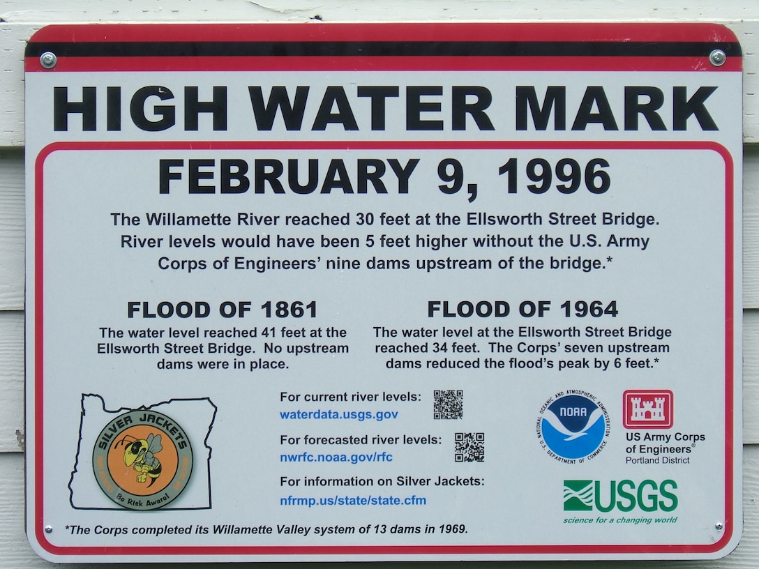 Members of the Oregon Silver Jackets team installed high water mark signs Dec. 12, 2014, at Monteith Riverpark, Albany, Oregon. The inter-agency team plans to post high water mark signs in other Oregon communities to build public awareness of flood risk. The Silver Jackets is a national initiative under the U.S. Army Corps of Engineers Flood Risk Management Program, which leverages the resources of state and federal agencies to prepare and respond to flood emergencies. 