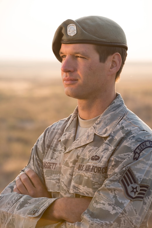 Staff Sgt. Daggett, 366th Operation Group survival, evasion, resistance and escape specialist, poses for a portrait Aug. 8, 2015, in Mountain Home, Idaho. When there was a vehicle accident during a long weekend, Daggett immediately went in to action to help the injured along with calling in a medevac and securing a landing zone. (U.S. Air Force photo by Senior Airman Malissa Lott/RELEASED)