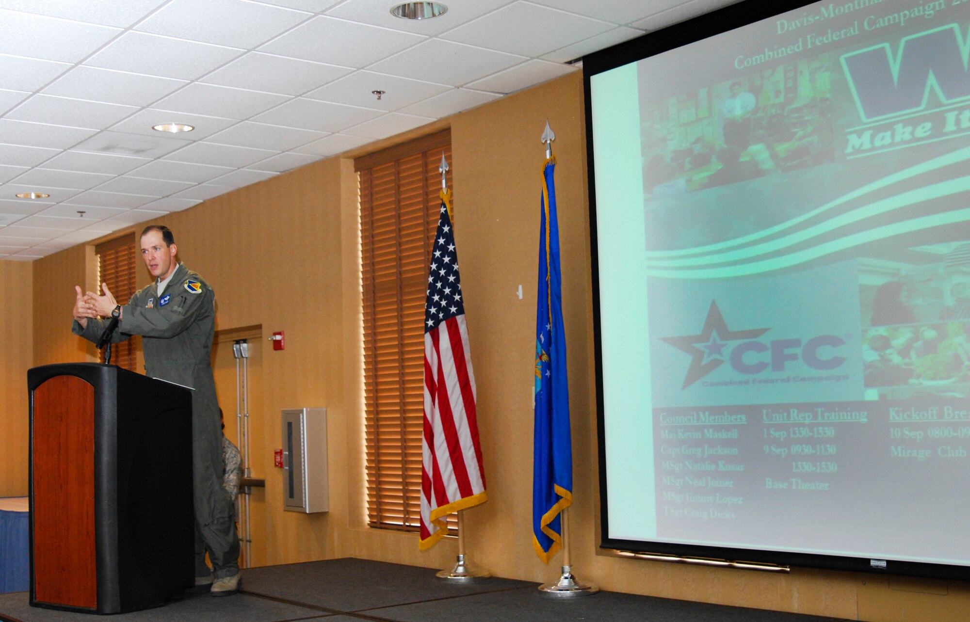 U.S. Air Force Col. James Meger, 355th Fighter Wing commander, speaks to Desert Lightning Team Airmen during the Combined Federal Campaign kickoff breakfast at Davis-Monthan Air Force Base, Ariz., Sept. 10, 2015. The CFC is the only authorized solicitation of federal employees in the workplace on behalf of approved charitable organizations. The theme this year is “You can change a life,” last year the CFC raised $193 million for charitable causes worldwide. (U.S. Air Force photo by Staff Sgt. Angela Ruiz/Released)