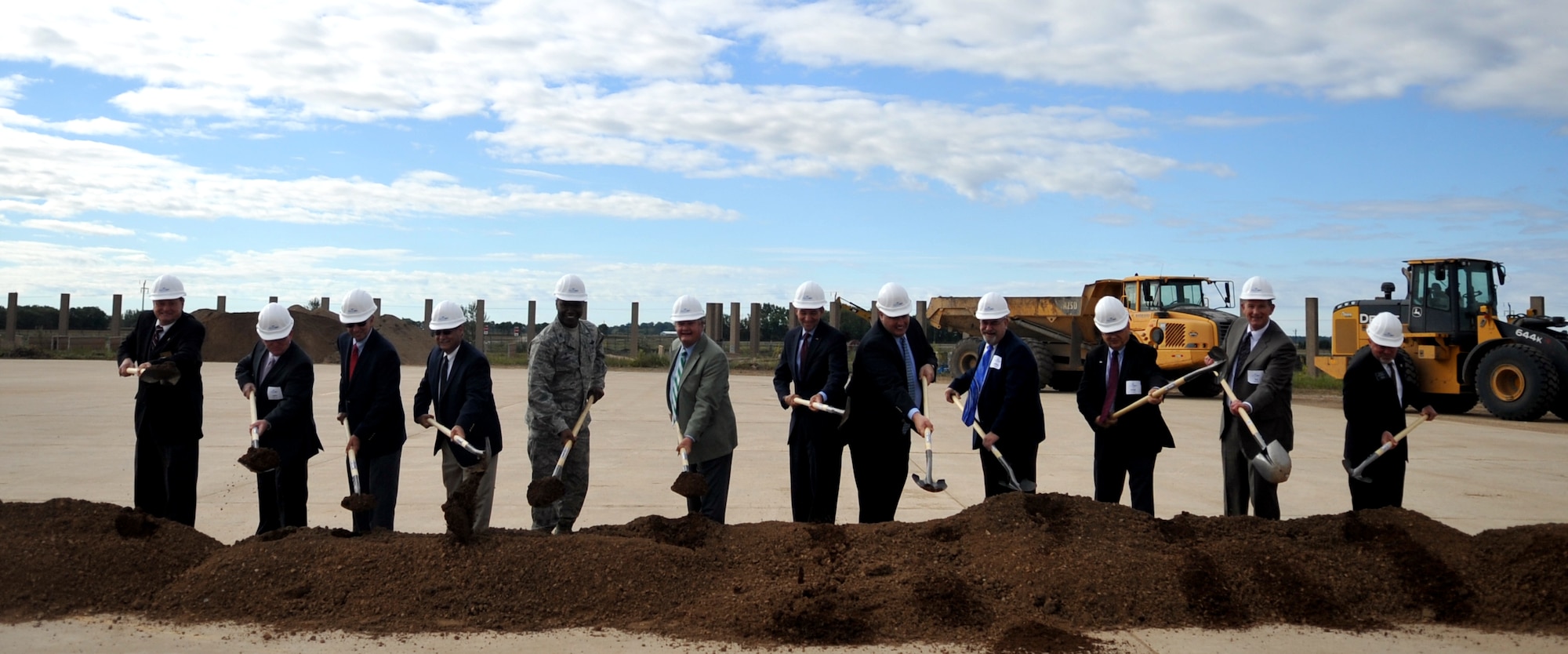 Officials from Northrop Grumman, Grand Sky Development Co., Grand Forks County and Grand Forks Air Force Base gathered for the groundbreaking ceremony of the new Grand Sky UAS tech park Sept. 10, 2015. The ceremony marked the official beginning of the construction phase for the Grand Sky Unmanned Aerial Systems Tech Park, which sits on 217 acres of land adjacent to Grand Forks Air Force Base, and is specially designed for UAS research, development, testing, training and flying UAS of all types. (U.S. Air Force photo/Staff Sgt. Susan L. Davis)