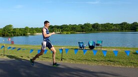 Capt. Ryan Hoff, 628th Civil Engineer Squadron, participates in the running section during a triathlon. (Courtesy photo by Capt. Ryan Hoff)