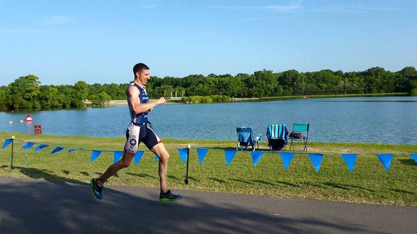 Capt. Ryan Hoff, 628th Civil Engineer Squadron, participates in the running section during a triathlon. (Courtesy photo by Capt. Ryan Hoff)