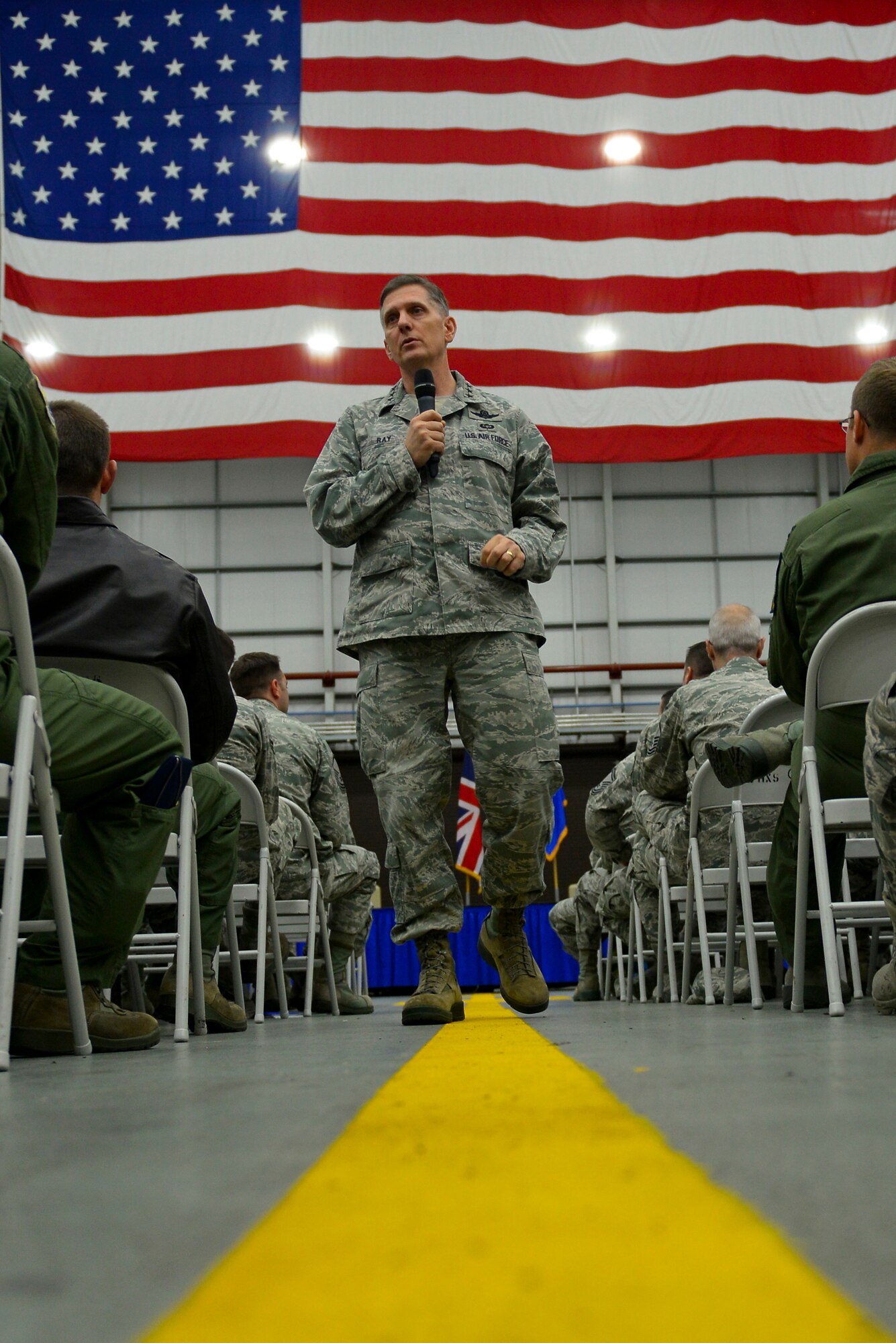 U.S. Air Force Lt. Gen. Timothy Ray, Third Air Force and 17th Expeditionary Air Force commander, address Team Mildenhall during an all-call Sept. 9, 2015, on RAF Mildenhall, England. Ray and U.S. Air Force Chief Master Sgt. Kaleth Wright, Third Air Force and 17th Expeditionary Air Force command chief, visited RAF Mildenhall to meet with leadership and Airmen across the base. (U.S. Air Force photo by Staff Sgt. Micaiah Anthony/Released)
