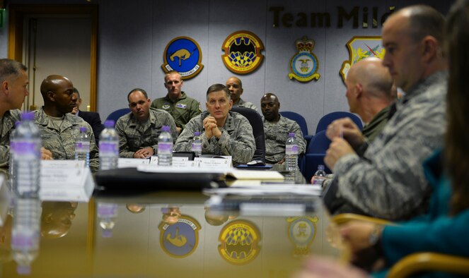 U.S. Air Force Lt. Gen. Timothy Ray, Third Air Force and 17th Expeditionary Air Force commander, talks to base leadership Sept. 9, 2015, during a mission briefing on RAF Mildenhall, England. Ray and U.S. Air Force Chief Master Sgt. Kaleth Wright, Third Air Force and 17th Expeditionary Air Force command chief, visited RAF Mildenhall to meet with leadership and Airmen across the base. (U.S. Air Force photo by Staff Sgt. Micaiah Anthony/Released)