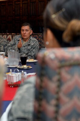 U.S. Air Force Lt. Gen. Timothy Ray, Third Air Force and 17th Expeditionary Air Force commander, talks with Airmen during breakfast Sept. 9, 2015, at the dining facility on RAF Mildenhall, England. Ray and U.S. Air Force Chief Master Sgt. Kaleth Wright, Third Air Force and 17th Expeditionary Air Force command chief visited RAF Mildenhall to meet with leadership and Airmen across the base. (U.S. Air Force photo by Staff Sgt. Micaiah Anthony/Released)