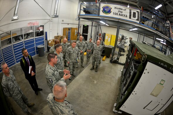 U.S. Air Force Master Sgt. Jacob McGhee, 100th Aircraft Maintenance Squadron sortie support flight chief, shows U.S. Air Force Lt. Gen. Timothy Ray, Third Air Force and 17th Expeditionary Air Force commander, a mobility container Sept. 9, 2015, on RAF Mildenhall, England. McGhee briefed how the container is used to transport tools, parts and equipment to forward operating locations for maintenance support. (U.S. Air Force photo by Staff Sgt. Micaiah Anthony/Released)