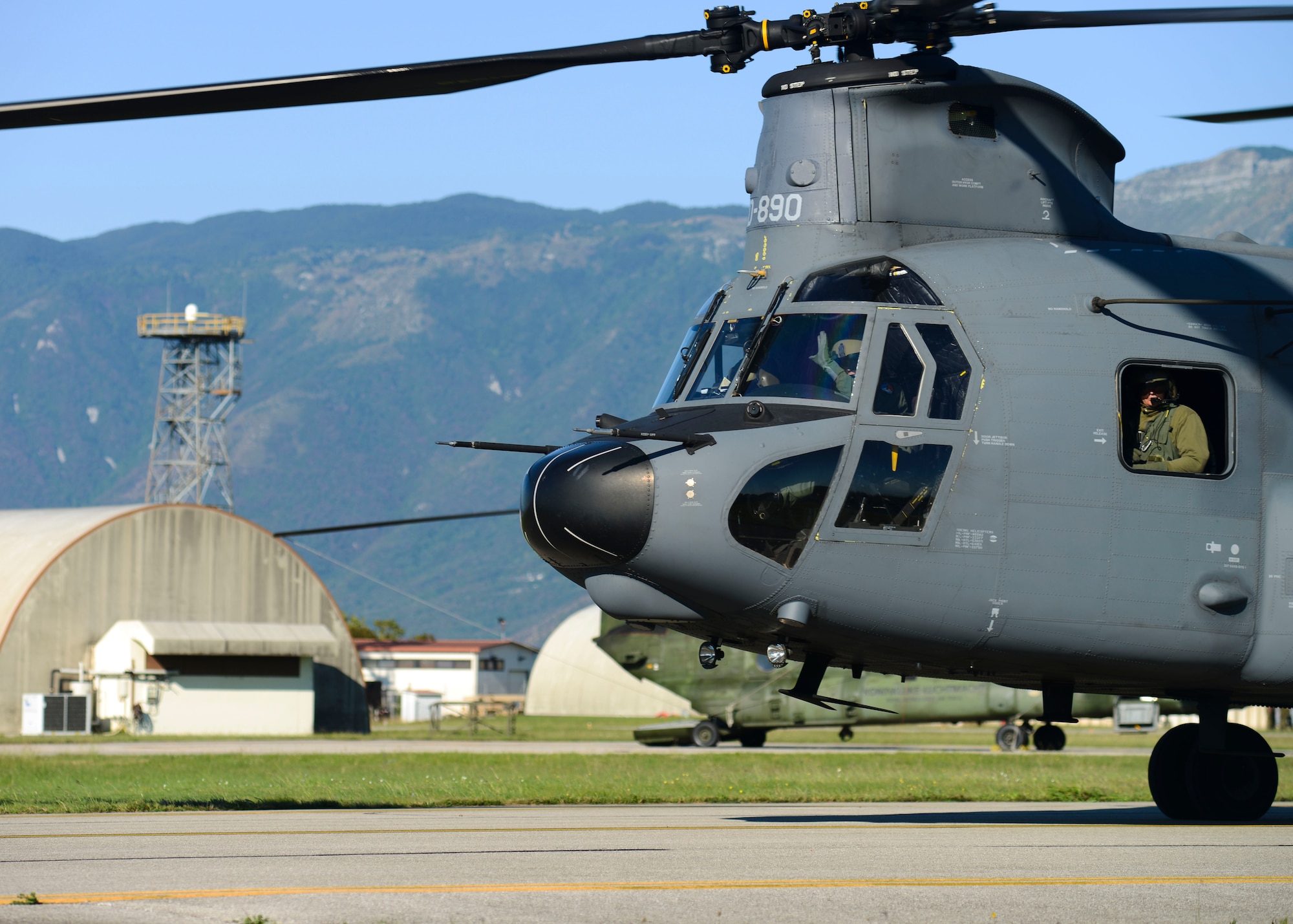 A Dutch air force CH-47 Chinook taxis off the runway before taking off from at Aviano Air Base, Italy, during a 3-week mountain flying training exercise, Sept. 8, 2015. Approximately 200 Dutch air force personnel participated in the exercise to train 15 new helicopter pilots on mountainous terrain flying operations. (U.S. Air Force photo by Senior Airman Austin Harvill/Released)
