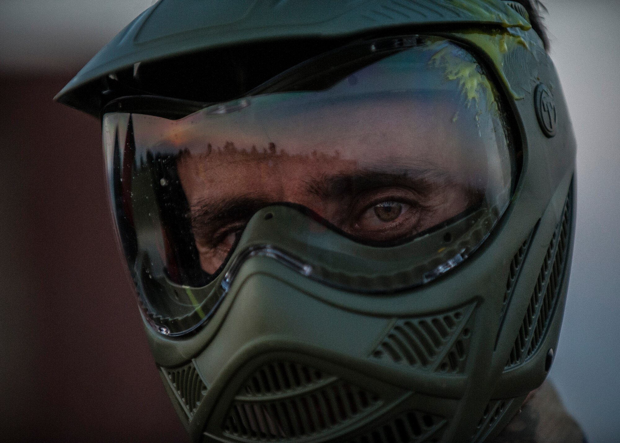 Muhammad Kurkcu, 10th Tanker Base Command airman, participates in a paintball game Sept. 3, 2015, at Incirlik Air Base, Turkey. Kurkcu was hit in the mask during a capture the flag paintball game, one of the many variants of games played during the event. (U.S. Air Force photo by Airman 1st Class Cory W. Bush/Released)
