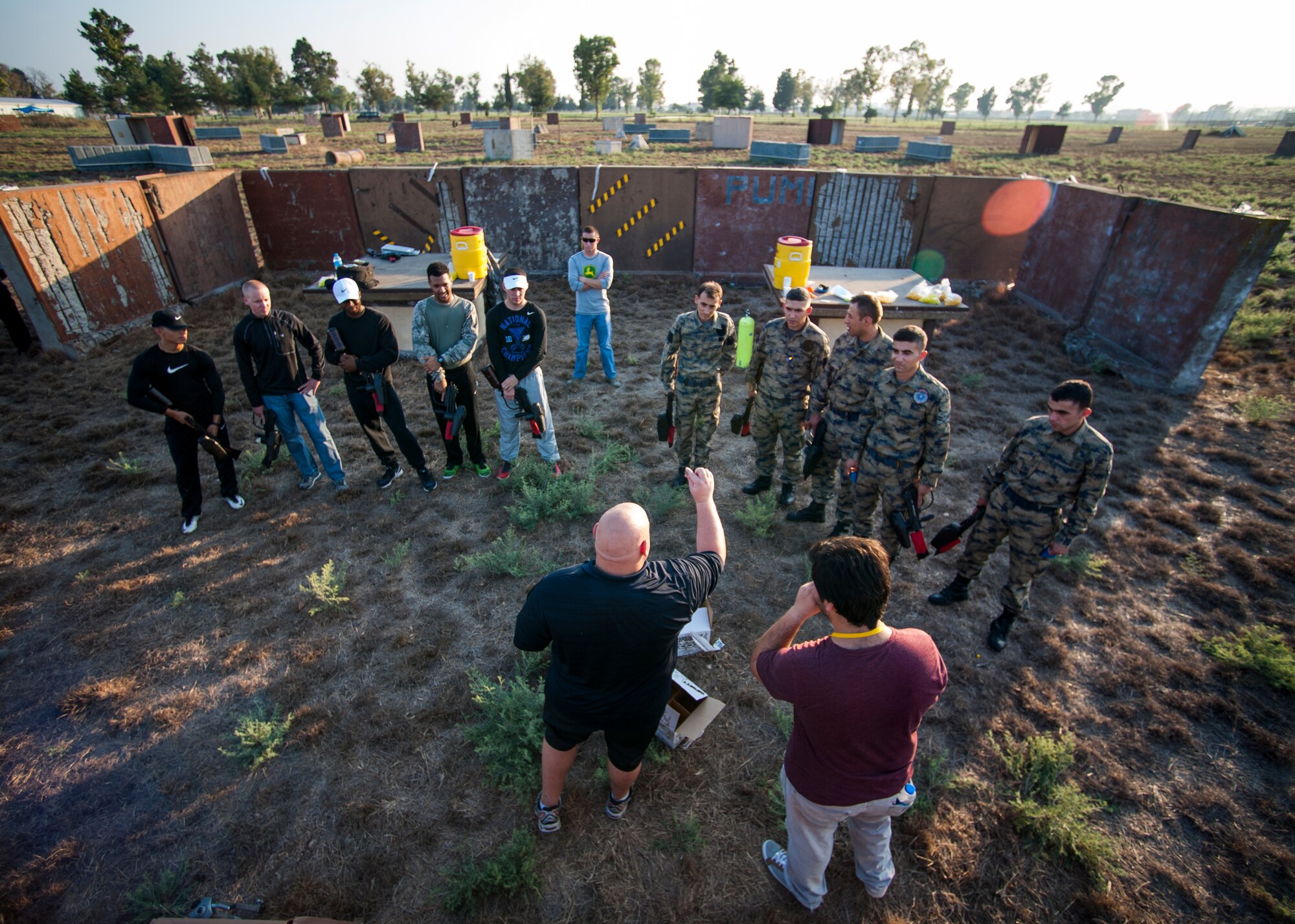 Members from the 39th Security Forces Squadron and the 10th Tanker Base Command participate in a joint event in celebration of reopening the 39th Force Support Squadron’s Paintball Park Sept. 3, 2015, at Incirlik Air Base, Turkey. The event was designed to help build and strengthen relationships between the U.S. and Turkish forces. (U.S. Air Force photo by Airman 1st Class Cory W. Bush/Released) 