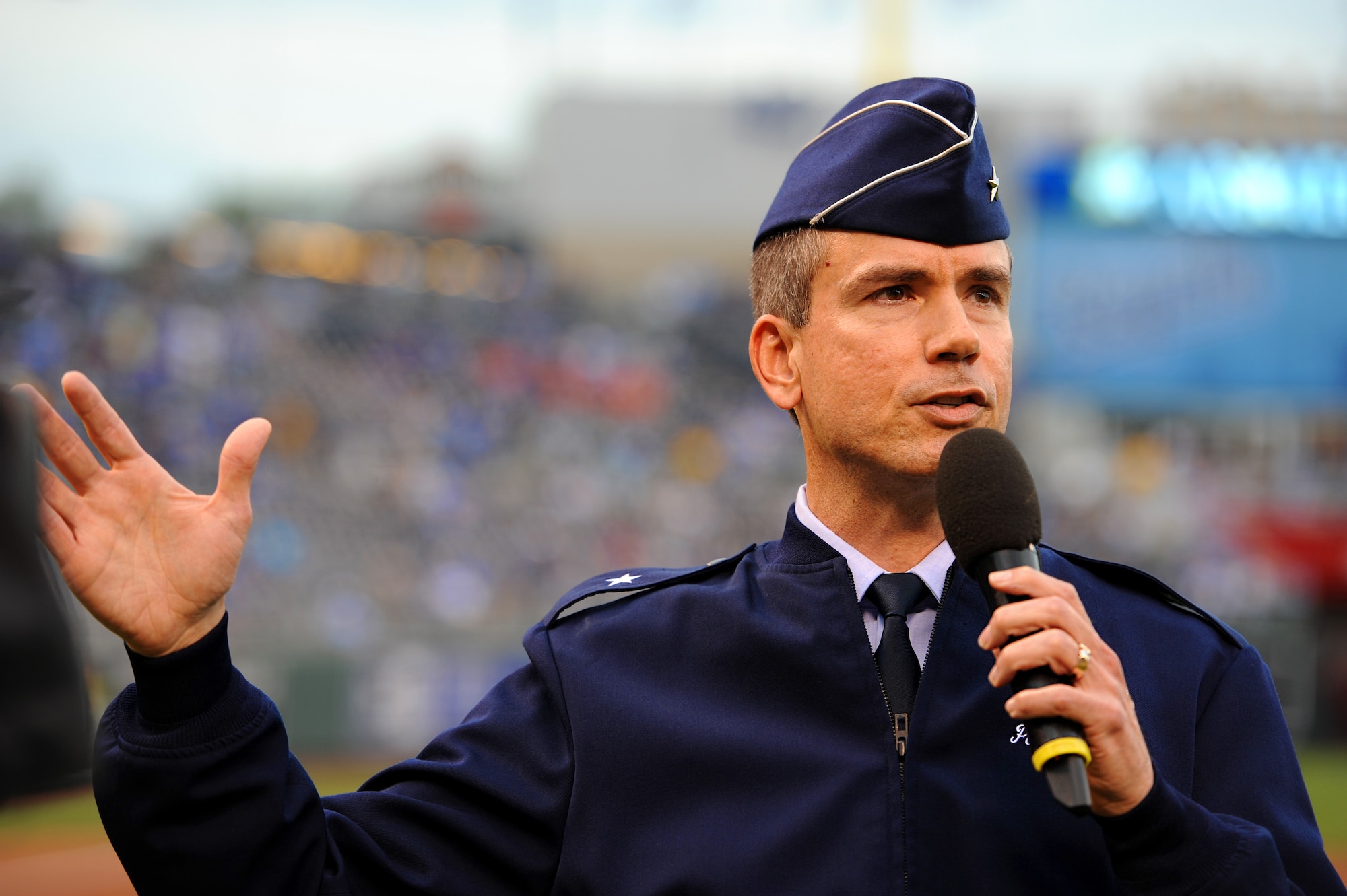 U.S. Air Force Brig. Gen. Paul W. Tibbets IV, 509th Bomb Wing commander, speaks during the Kansas City Royals’ Armed Forces Night at Kauffman Stadium in Kansas City, Mo., Sept. 7, 2015. Tibbets expressed his gratitude to local communities’ for their support of Whiteman Air Force Base personnel. (U.S. Air Force photo by Airman 1st Class Michaela R. Slanchik/Released)