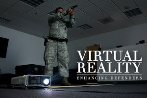 The 11th Security Forces Squadron on Joint Base Andrews uses a projection system, Milo, to run through different simulated use of force scenarios to better prepare themselves for possible real world responses. (U.S. Air Force photo-illustration by Airman 1st Class Philip Bryant/Released)
