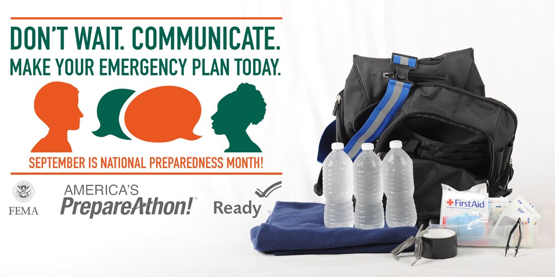 An emergency kit stands ready Sept. 10, 2015, for National Preparedness Month on Joint Base Andrews, Md. According to Ready.gov, an emergency kit should contain first aid supplies, enough food and water to last 72 hours, personal medications, printed maps or an atlas, any important documents, and radios and flashlights with plenty of batteries or crank power. (U.S. Air Force photo illustration by Senior Airman Preston Webb)