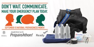 An emergency kit stands ready Sept. 10, 2015, for National Preparedness Month on Joint Base Andrews, Md. According to Ready.gov, an emergency kit should contain first aid supplies, enough food and water to last 72 hours, personal medications, printed maps or an atlas, any important documents, and radios and flashlights with plenty of batteries or crank power. (U.S. Air Force photo illustration by Senior Airman Preston Webb)