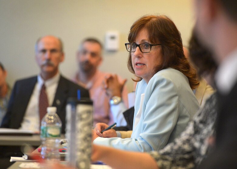 Judy Hogan, dean for Business, Education and Public Service at Middlesex Community College, discusses potential educational initiatives during a Hanscom Community Partnership Committee meeting at the Lexington Recreation Center, Sept. 9. Base and community leaders gathered to develop and prioritize new partnership initiatives to pursue during the upcoming year.  (U.S. Air Force photo by Jerry Saslav)
