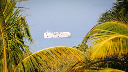TRUJILLO, Honduras – The U.S.N.S. Comfort arrives at Puerto Castilla, Honduras, Aug. 27, 2015, for the Honduran portion of Continuing Promise 2015. CP15 is a massive, whole-of-government exercise involving partnership between the U.S. and 11 other nations, to provide humanitarian assistance and develop relationships throughout Central and South America and the Caribbean. (U.S. Air Force photo by Capt. Christopher Love)