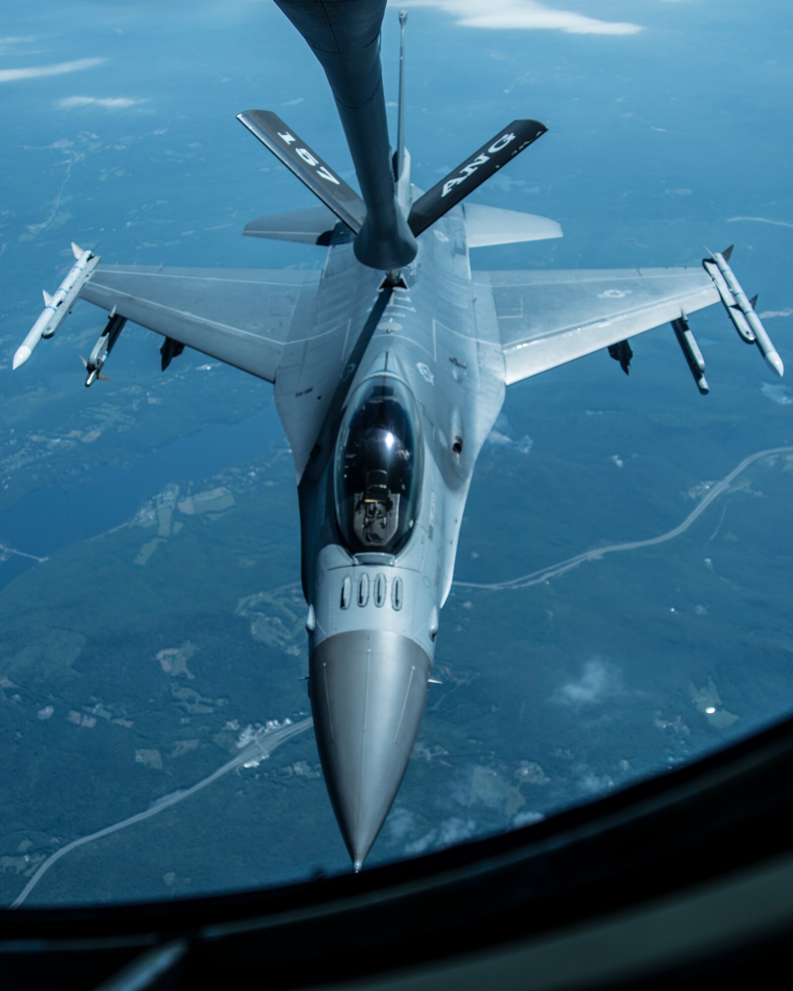 A Vermont F-16 Fighting Falcon, assigned to the 158th Fighter Wing, receives fuel from a KC-135 Stratotanker, from the 157th Refueling Wing, as part of the Boss Lift 2015,  Aug. 14, 2015. The Employer Support of the Guard and Reserve program recognizes employers of drill status guardsmen by giving them an opportunity to ride during a refueling mission. (U.S. Air National Guard photo by Airman 1st Class Jeffrey Tatro)
