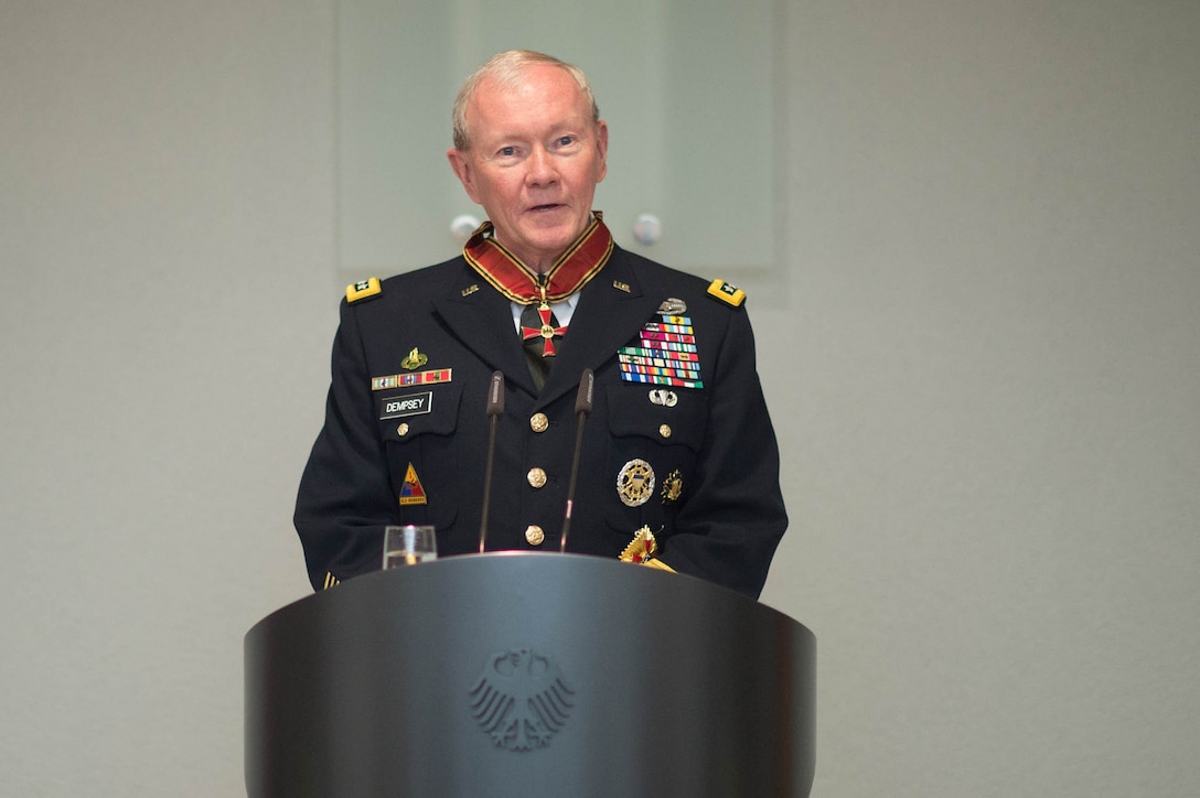 U.S. Army Gen. Martin E. Dempsey, chairman of the Joint Chiefs of Staff, speaks about the relationship between German and American militaries at the Defense Ministry in Berlin, Sept. 10, 2015. DoD photo by D. Myles Cullen