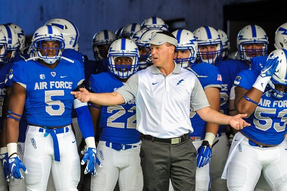 Falcon football head coach Troy Calhoun rallies his team before they take on Morgan State at the U.S. Air Force Academy's Falcon Stadium Sept. 5, 2015, in Colorado. Air Force defeated Morgan State 63-7 to open the 2015 season. (U.S. Air Force photo/Liz Copan) 